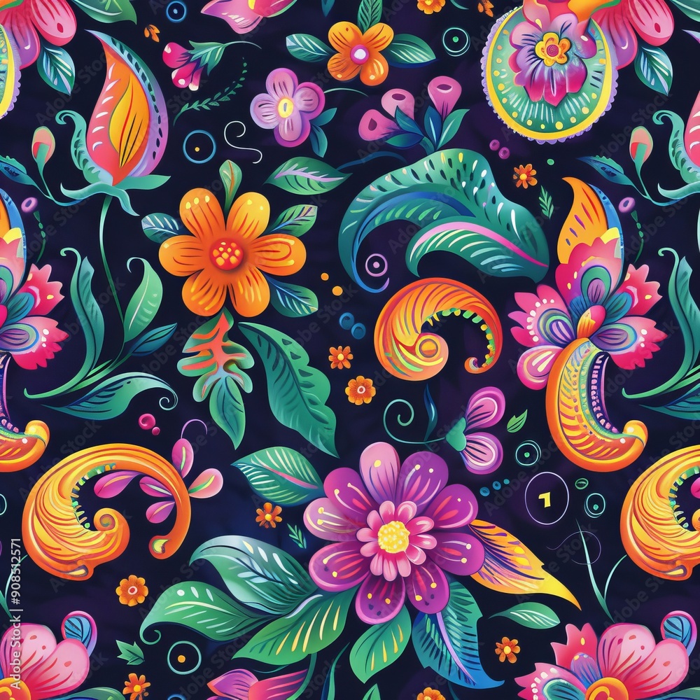Vibrant Floral Pattern with Paisley Elements Vibrant Floral Pattern with Paisley Elements