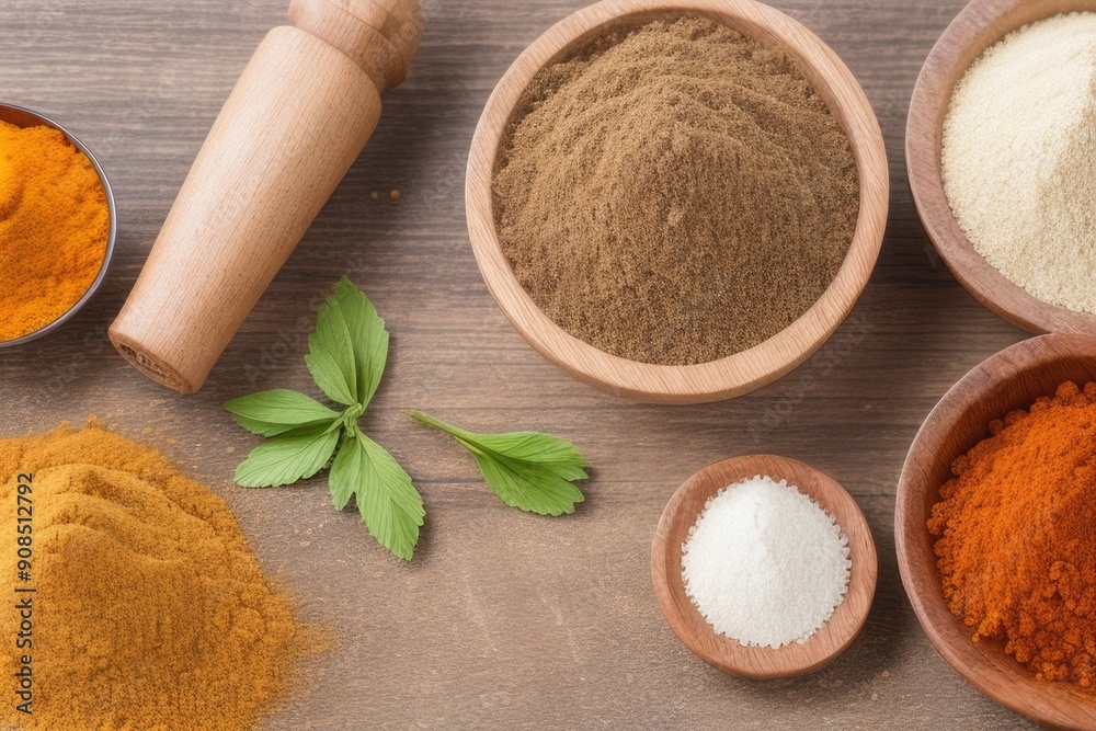 Flat-lay Spices on a wooden table Flat-lay Spices on a wooden table