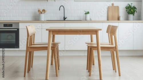 Minimalist bamboo dining table set in a bright eco-friendly kitchen, sustainable home essentials