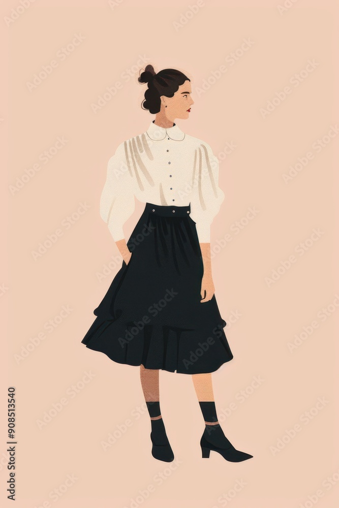 Minimalism illustration, a European woman, wearing a ruffle blouse with a circle skirt and oxford shoes, standing with her hands resting by her sides, vintage retro fashion, flat illustration Minimalism illustration, a European woman, wearing a ruffle blouse with a circle skirt and oxford shoes, standing with her hands resting by her sides, vintage retro fashion, flat illustration