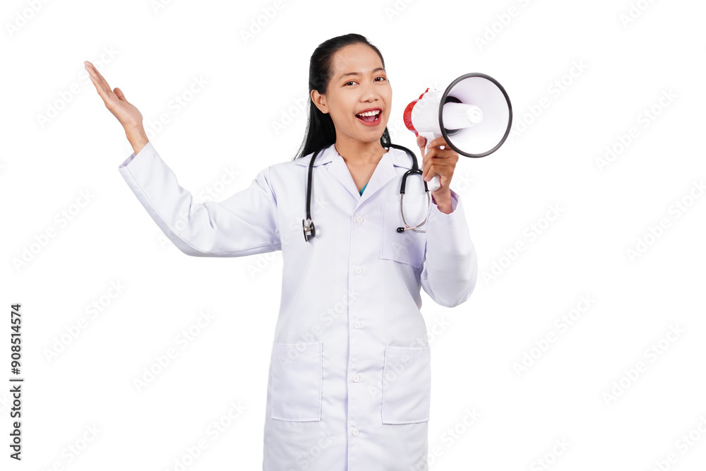 Female doctor holding megaphone isolated transparent Female doctor holding megaphone isolated transparent
