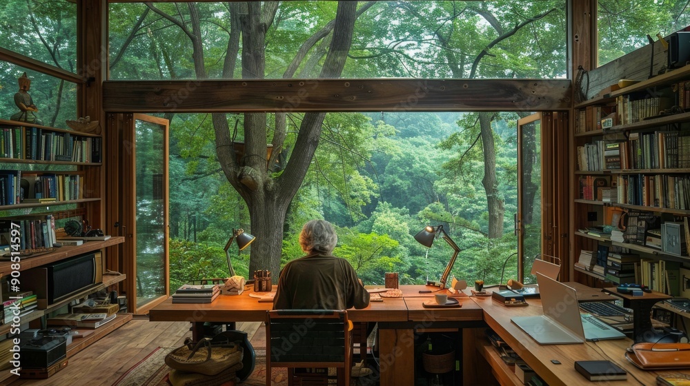 A man works from home with a view of nature outside an open window. The concept of remote work, freelancing A man works from home with a view of nature outside an open window. The concept of remote work, freelancing