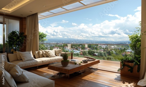 interior design concept condominium penthouse living area with wooden balcony and stunning view of city garden beautiful sky