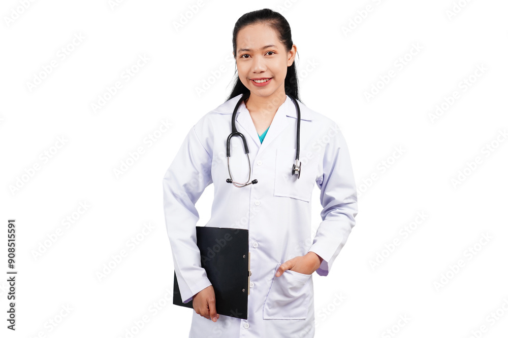 Female doctor holding clipboard isolated transparent