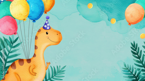 Fototapeta Naklejka Na Ścianę i Meble -  Adorable handdrawn dinosaur floating with vibrant balloons, perfect for a childrens birthday card or poster.