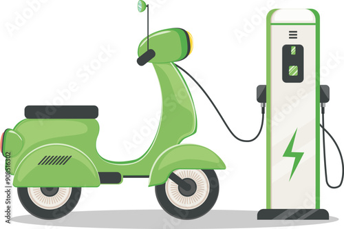 Ecological city transport illustration. Electric scooter of green color charged from charging station. Cartoon green scooter, alternative energy concept design.