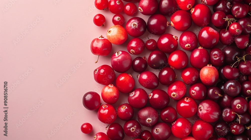 A background of red cranberries against a pink backdrop. A background of red cranberries against a pink backdrop.