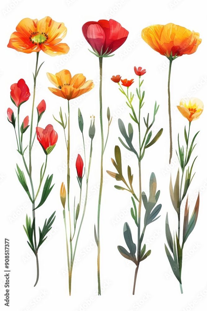 Fototapeta premium Collection of 2D and 3D Vector Flat Abstract Minimalistic Art of Flowers and Meadow Isolated on a White Background