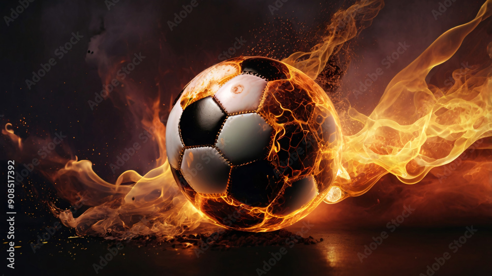 Fototapeta premium Fiery Energy A Soccer Ball in Flames, ball, soccer, energy, fire, flame, game, football