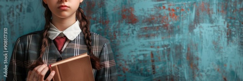 Back to school concept with a schoolgirl in formal uniform holding a book symbolizing the pursuit of knowledge student life intelligence intellectual tasks and cognitive processes for embar photo