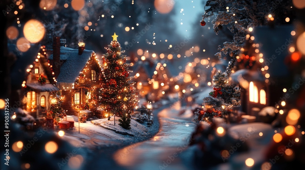 Naklejka premium Cozy Christmas Village at Night with Festive Lights and Snow Decorations