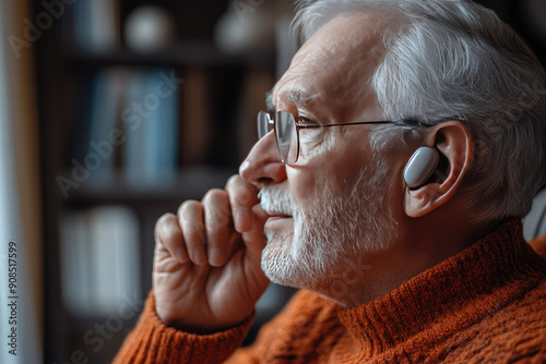 Thoughtful Elderly Man with Hearing Aid Device in Cozy Sweater Looking Out Window photo