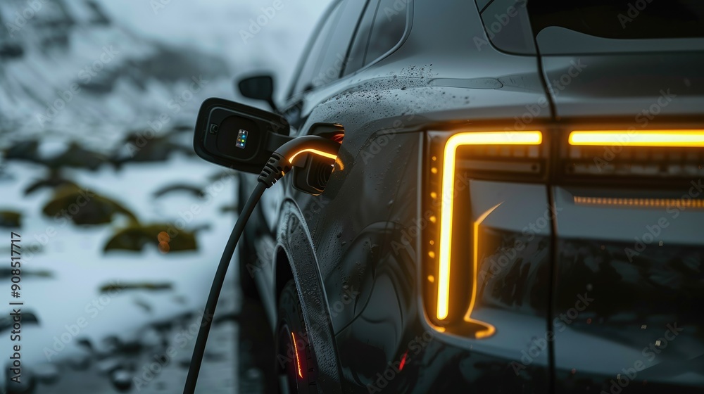 Modern Electric SUV Charging in Winter Landscape with Snow-Covered Mountains