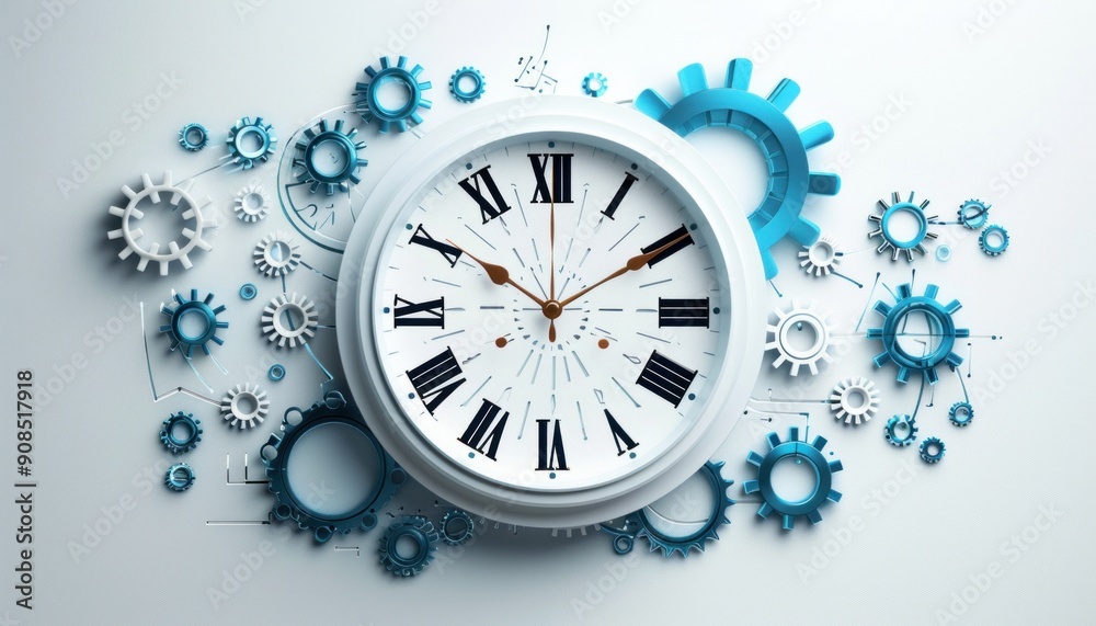 Fototapeta premium A clock is beautifully surrounded by intricate gears set against a clean white background