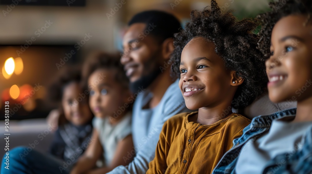 A family of four watches television together.