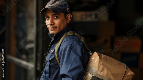 A delivery driver stands with a package, looking directly at the camera.