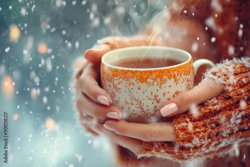 Cozy Winter Morning with Warm Tea in Decorated Mug and Snowy Background photo