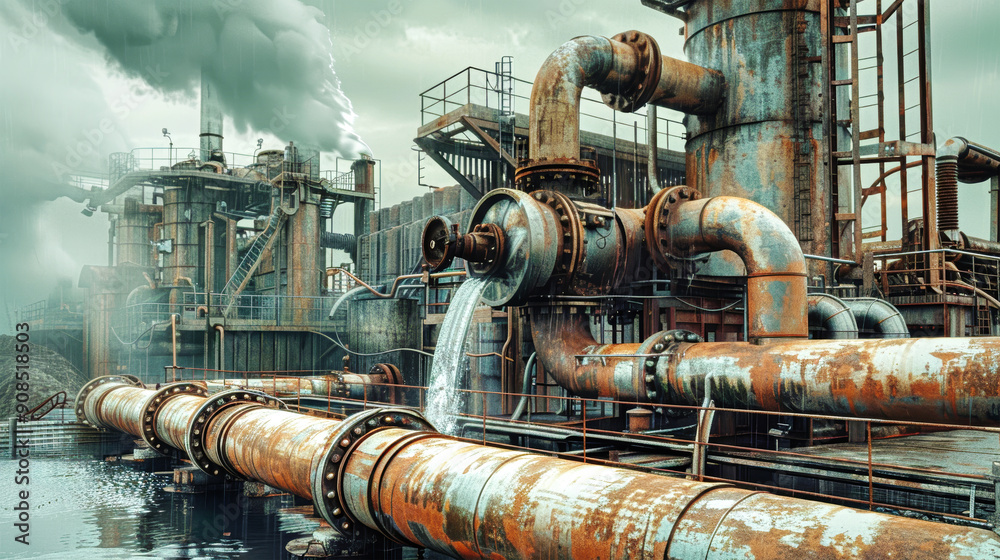 Water gushing from rusted pipes at an old pumping station, capturing the power of industrial machinery against a dramatic cloudy backdrop