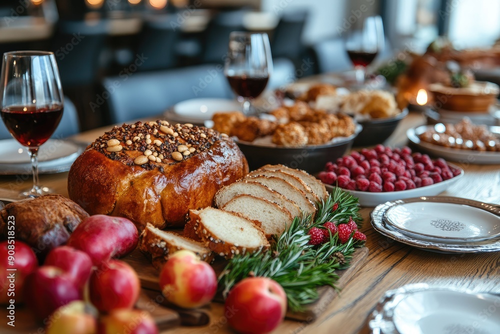 Festive Holiday Dinner Table with Traditional Dishes and Fruits Festive Holiday Dinner Table with Traditional Dishes and Fruits