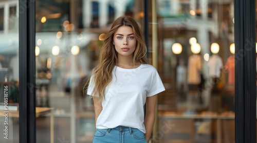 Fashionable Caucasian Woman Modeling a White T-Shirt in Front of a Department Store Glass Showcase