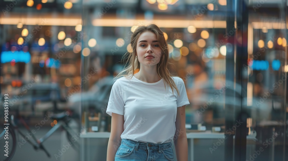 Fashionable Caucasian Woman Modeling a White T-Shirt in Front of a Department Store Glass Showcase Fashionable Caucasian Woman Modeling a White T-Shirt in Front of a Department Store Glass Showcase