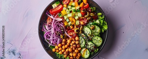 A vibrant, healthy salad bowl filled with fresh vegetables, chickpeas, and colorful ingredients, perfect for nutritious meal ideas.