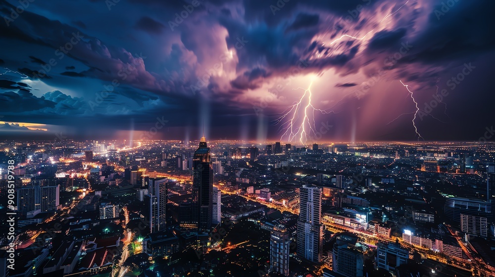 A dramatic night cityscape with lightning strikes in the sky.