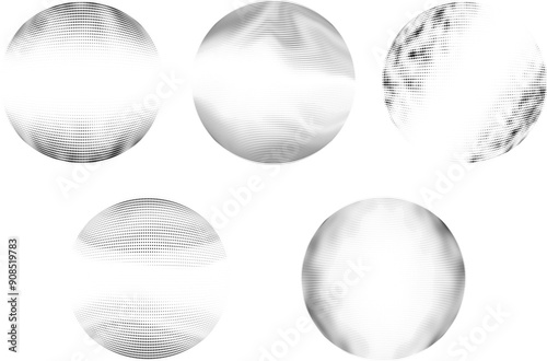 Collection of 3D sphere abstract vector icons. Sphere depicted within a dotted halftone pattern on an isolated background.