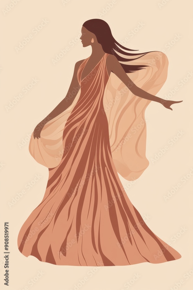 Minimalism illustration, a Middle Eastern woman, wearing a luxurious rose gold dress with a flowing silhouette, standing with one hand elegantly extended, elegant fashion, boho, flat illustration Minimalism illustration, a Middle Eastern woman, wearing a luxurious rose gold dress with a flowing silhouette, standing with one hand elegantly extended, elegant fashion, boho, flat illustration