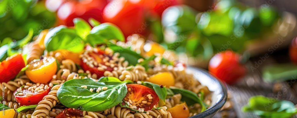 Delicious pasta salad with fresh cherry tomatoes, basil, and a sprinkle of sesame, perfect for a healthy meal or side dish. Delicious pasta salad with fresh cherry tomatoes, basil, and a sprinkle of sesame, perfect for a healthy meal or side dish.
