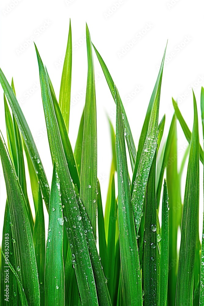 Fototapeta premium Close-Up of Fresh Green Grass Leaves on White Background, High Definition, Professional Photography, Depth of Field, Elegant and Natural