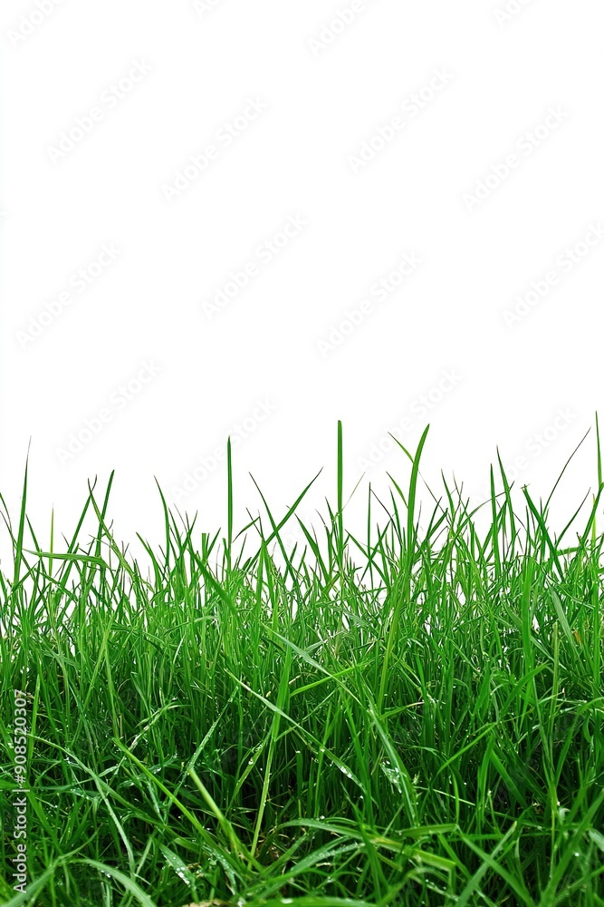Fototapeta premium Close-Up of Fresh Green Grass Leaves on White Background, High Definition, Professional Photography, Depth of Field, Elegant and Natural