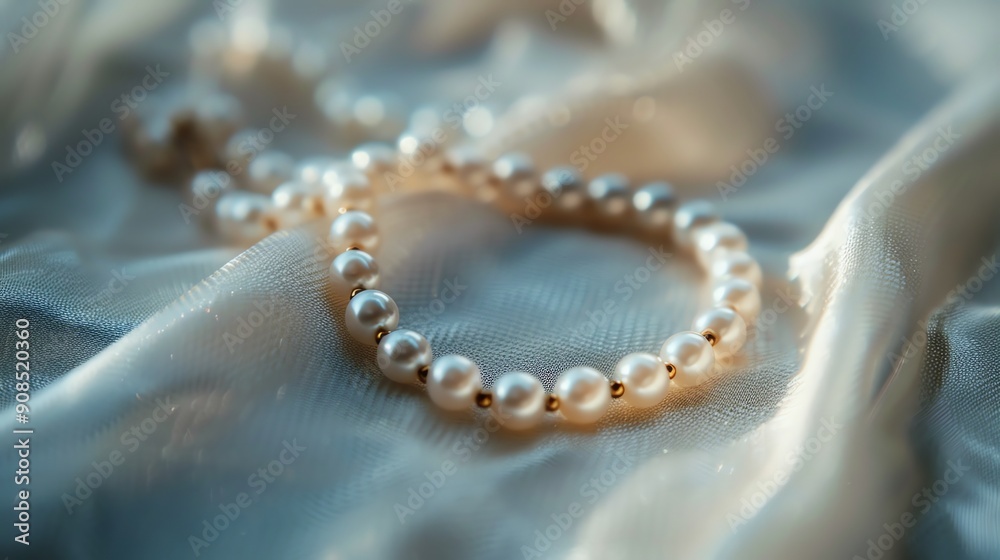 A pearl necklace lies on a white, silky fabric. A pearl necklace lies on a white, silky fabric.
