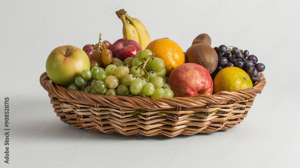 A wicker basket filled with fresh fruit on a white background.