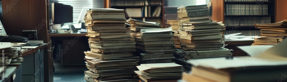 Stacks of old files and documents pile up on desks in a cluttered office, reflecting organizational chaos and paperwork overload. Stacks of old files and documents pile up on desks in a cluttered office, reflecting organizational chaos and paperwork overload.