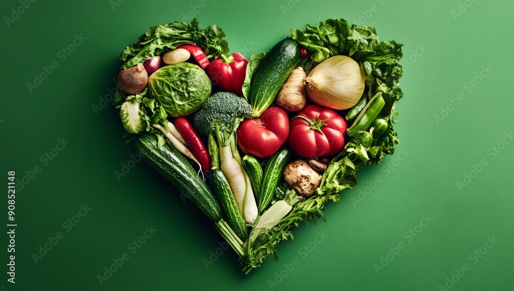 Heart-shaped fresh veggies on a green backdrop. Happy vegan day. Heart-shaped fresh veggies on a green backdrop. Happy vegan day.