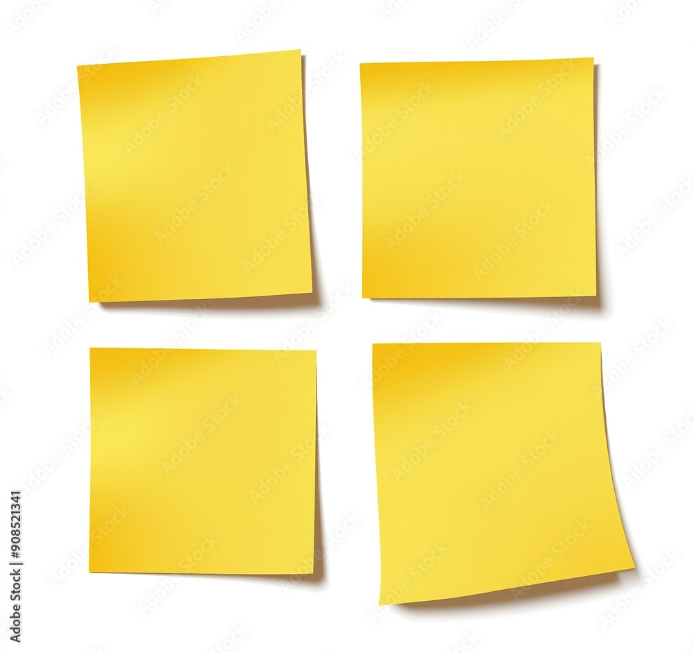 Four Yellow Sticky Notes Isolated on White Background, Vector Illustration in Flat Design, Created in Adobe Illustrator, No Shadowing or Gradients, Simple and Clean Four Yellow Sticky Notes Isolated on White Background, Vector Illustration in Flat Design, Created in Adobe Illustrator, No Shadowing or Gradients, Simple and Clean