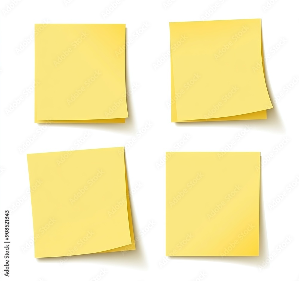 Four Yellow Sticky Notes Isolated on White Background, Vector Illustration in Flat Design, Created in Adobe Illustrator, No Shadowing or Gradients, Simple and Clean Four Yellow Sticky Notes Isolated on White Background, Vector Illustration in Flat Design, Created in Adobe Illustrator, No Shadowing or Gradients, Simple and Clean