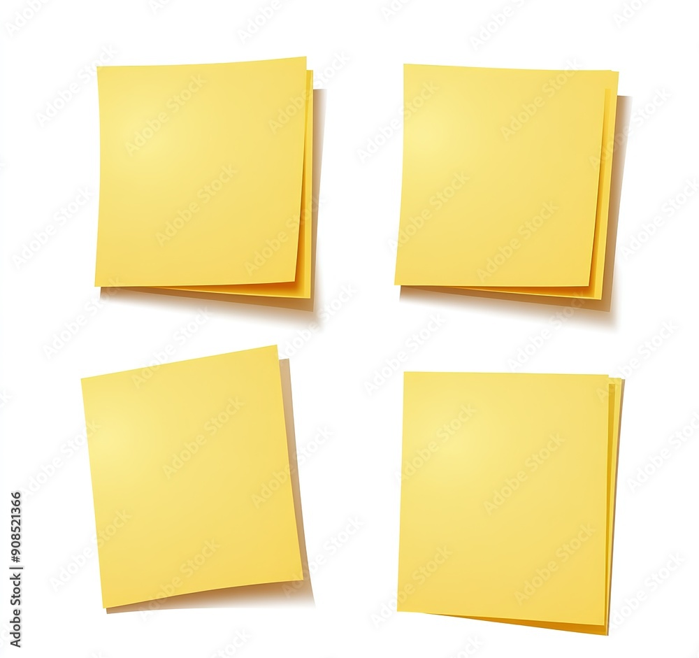 Four Yellow Sticky Notes Isolated on White Background, Vector Illustration in Flat Design, Created in Adobe Illustrator, No Shadowing or Gradients, Simple and Clean Four Yellow Sticky Notes Isolated on White Background, Vector Illustration in Flat Design, Created in Adobe Illustrator, No Shadowing or Gradients, Simple and Clean