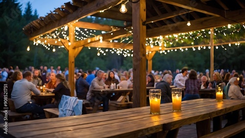 Lively outdoor beer garden with a rustic, wooden layout. The foreground features two large glass mugs filled with amber-colored beer, topped with a frothy white head, placed on a wooden table