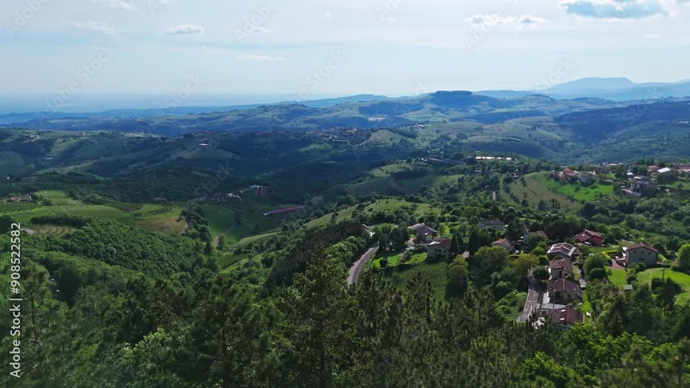 Wide green valleys. Aerial shot of rural mountain area, Italian plateau. National park, lush nature at high altitude.