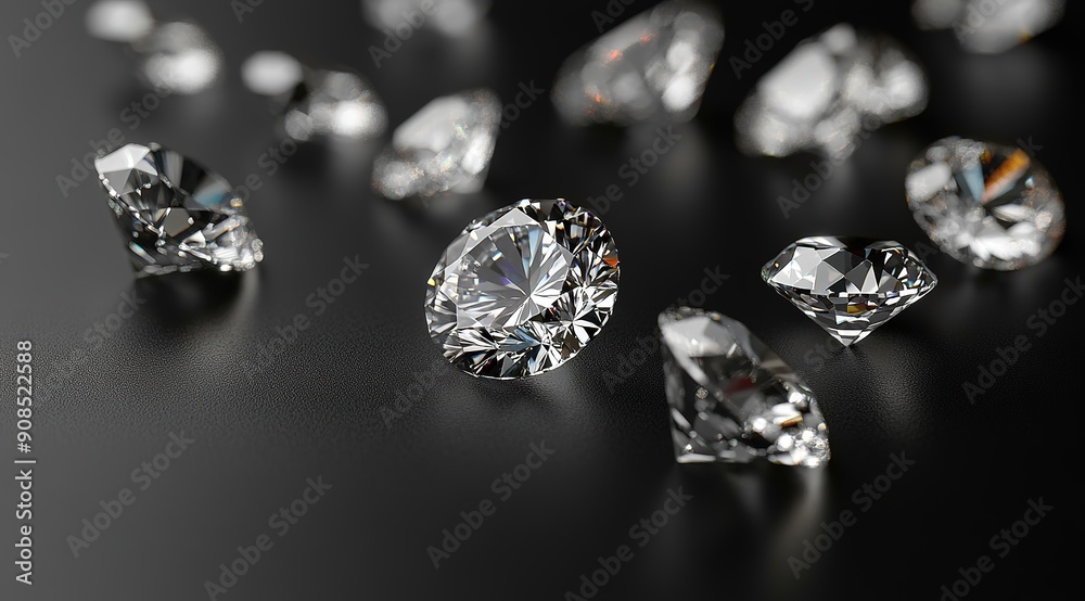 A stunning collection of loose diamonds, featuring round and cushion cut stones, scattered on a black background. The sharp focus highlights the sparkling crystals, showcasing their brilliance A stunning collection of loose diamonds, featuring round and cushion cut stones, scattered on a black background. The sharp focus highlights the sparkling crystals, showcasing their brilliance