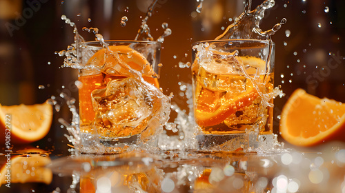 Glasses shot of tequila making toast with splash isolated on solid background photo