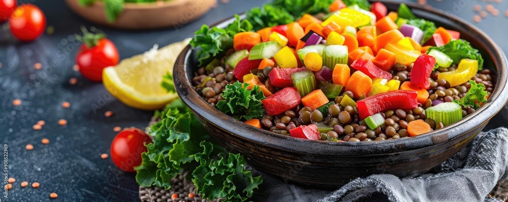 Vibrant salad bowl filled with fresh vegetables and lentils, perfect for healthy meals and nutritious recipes. Vibrant salad bowl filled with fresh vegetables and lentils, perfect for healthy meals and nutritious recipes.