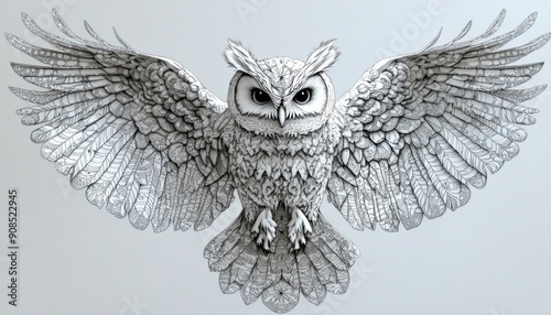 A detailed black and white drawing of a majestic owl with its wings widely spread out