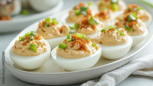 Football deviled eggs with creamy filling and decorative toppings, served on a modern white ceramic dish