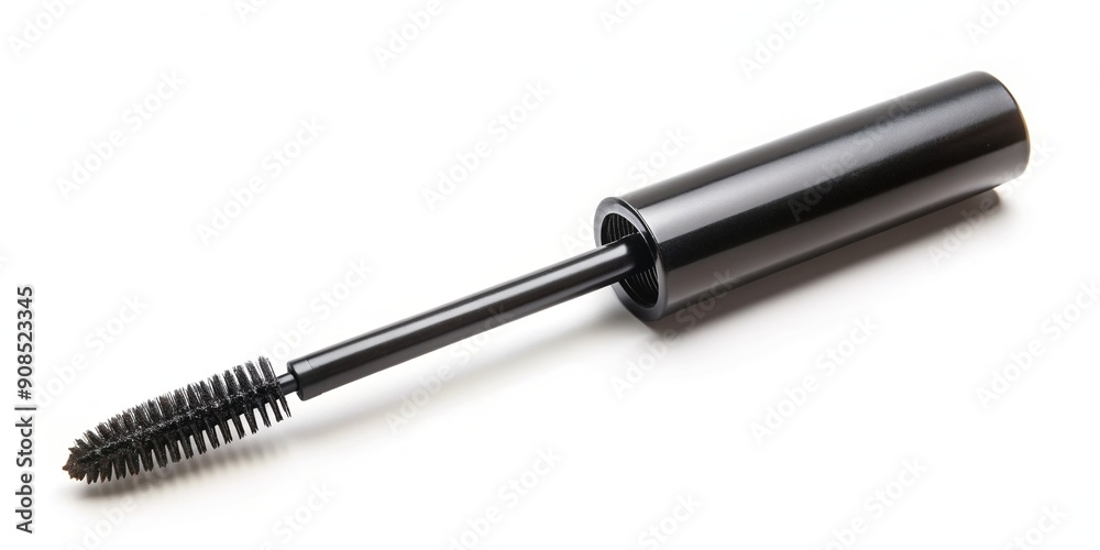 Isolated black mascara wand with a single stroke of mascara on a clean white background, ideal for beauty, makeup, and cosmetics themes.