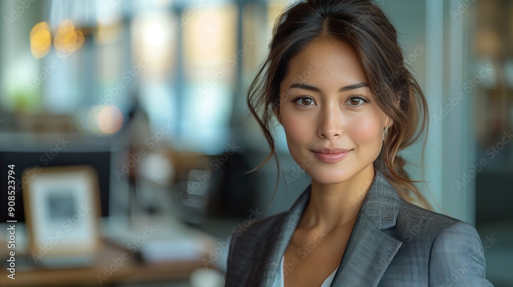 Professional Asian businesswoman in a chic suit, poised next to a modern desk featuring a sleek computer, exuding confidence and leadership in a contemporary office setting Professional Asian businesswoman in a chic suit, poised next to a modern desk featuring a sleek computer, exuding confidence and leadership in a contemporary office setting