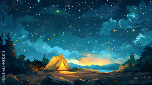 painted illustration of van Gogh style camping tent 