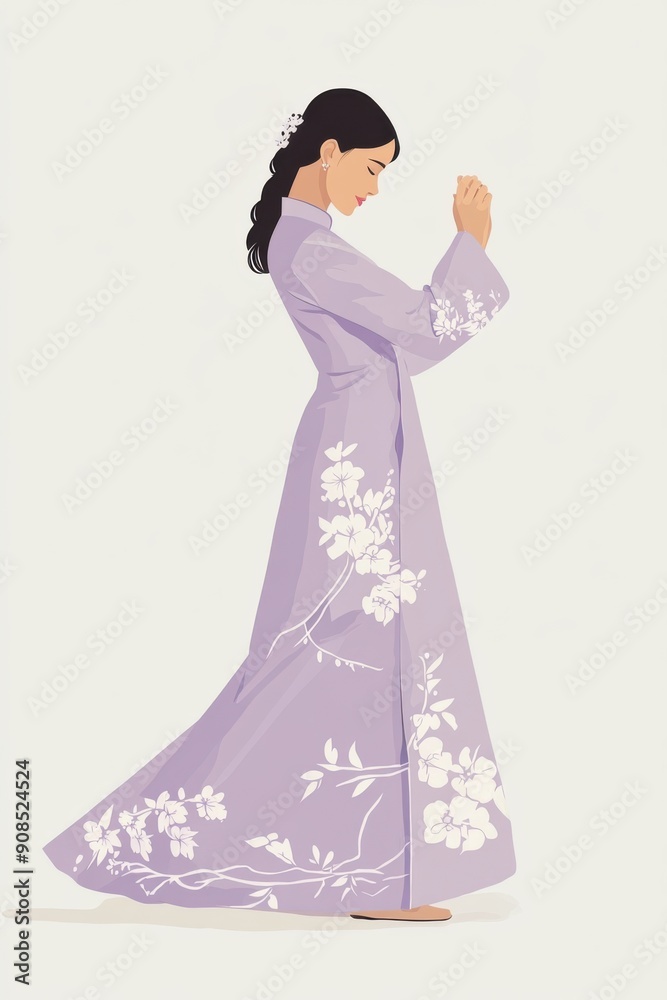 Minimalism illustration, a Vietnamese woman, wearing an elegant ao dai in pastel lavender with white floral designs, standing with one hand adjusting her dress, traditional fashion, flat illustration Minimalism illustration, a Vietnamese woman, wearing an elegant ao dai in pastel lavender with white floral designs, standing with one hand adjusting her dress, traditional fashion, flat illustration